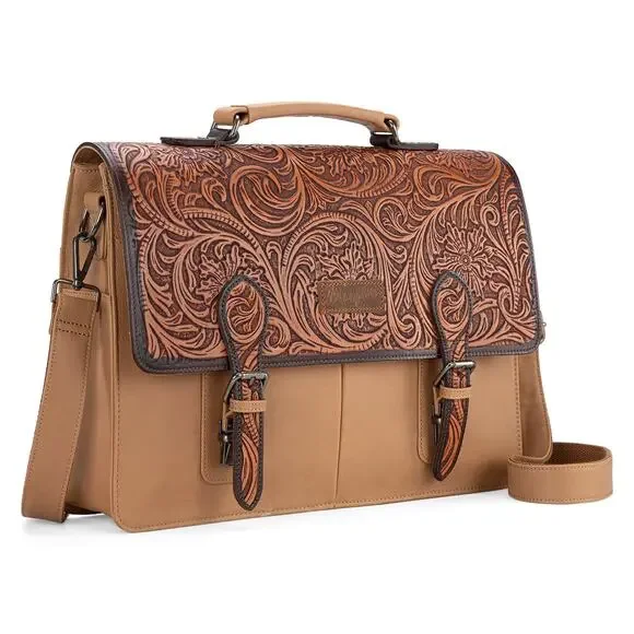 Wrangler Tan Genuine Leather Tooled Travel/Laptop/Messenger Bag *NEW in Package* - Picture 10 of 10